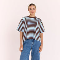 Carter Boxy Tee Chocolate Blue Stripe 100% cotton relaxed fit womens tee