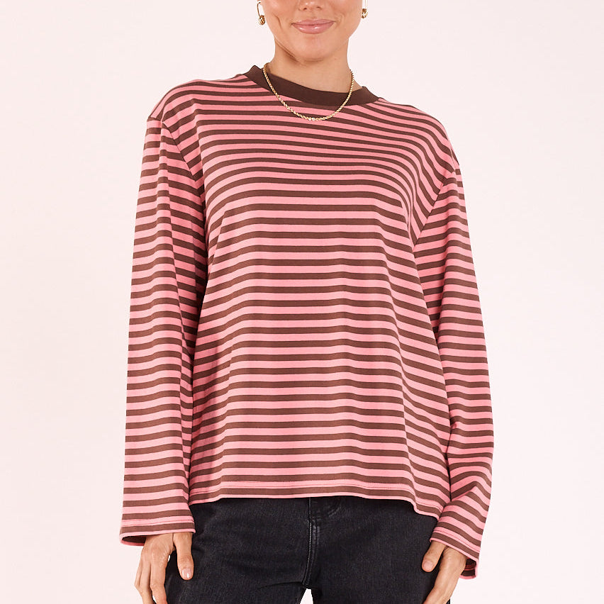 Carter Long Sleeve Tee in Chocolate Pink Stripe relaxed fit