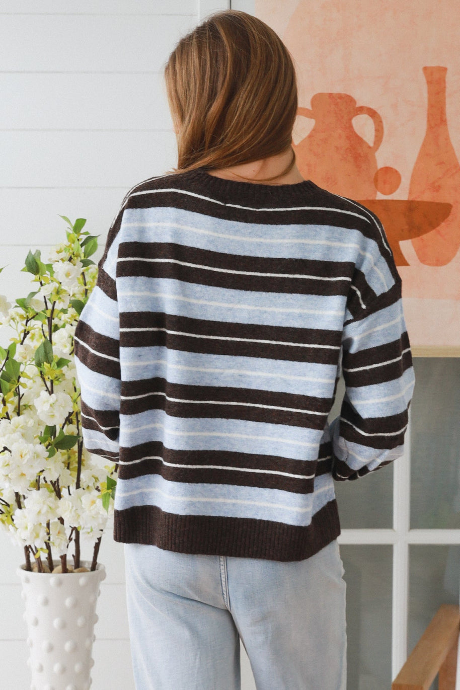 Casual striped winter sweater in blue coffee colourway
