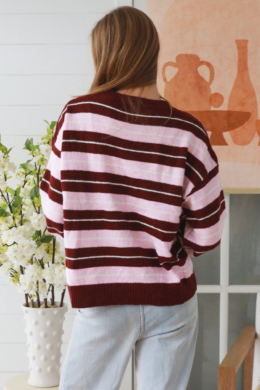 Casual striped winter sweater in wine pink colourway