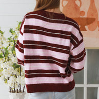 Casual striped winter sweater in wine pink colourway
