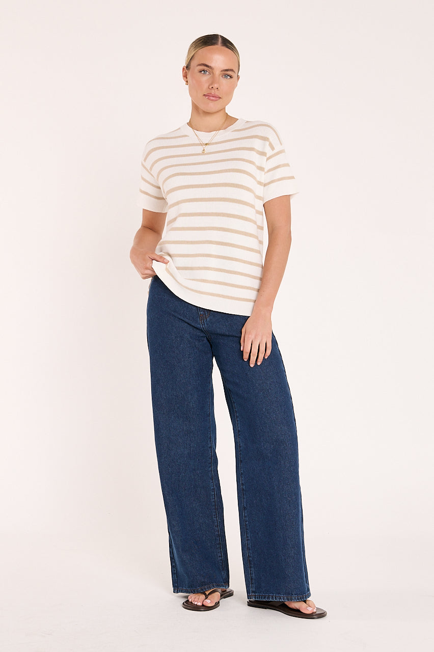Casual white and oatmeal stripe cotton knit tee with high-low hemline