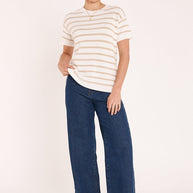 Casual white and oatmeal stripe cotton knit tee with high-low hemline