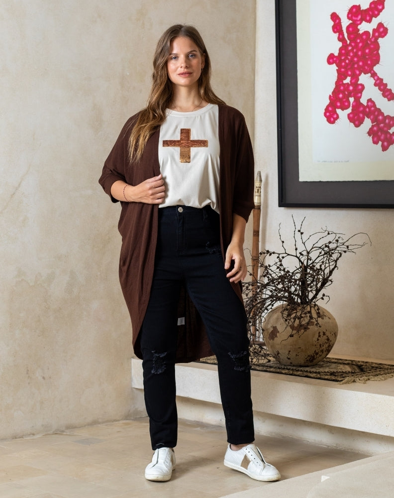Chocolate brown shrug with 3/4 sleeves and relaxed fit