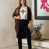 Chocolate brown shrug with 3/4 sleeves and relaxed fit