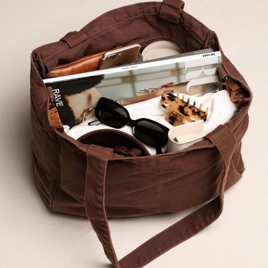 Chocolate Brown tote bag with six internal organising pockets