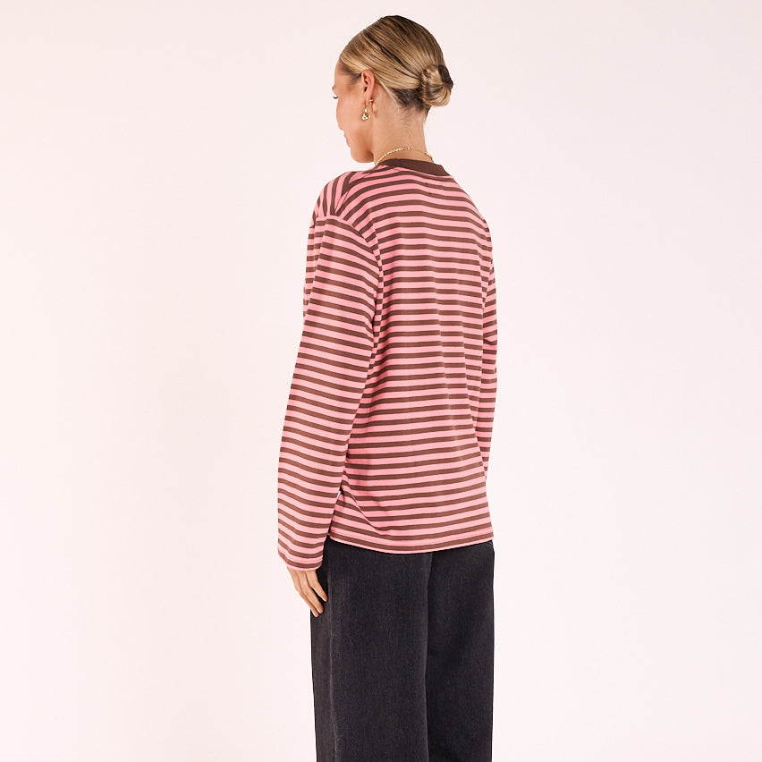 Chocolate and pink striped basic tee for everyday wear