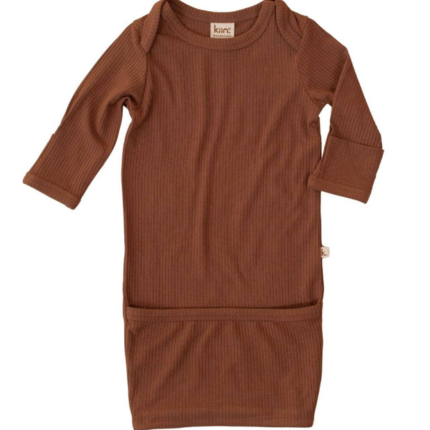 Chocolate ribbed bamboo newborn gown with fold-over mittens
