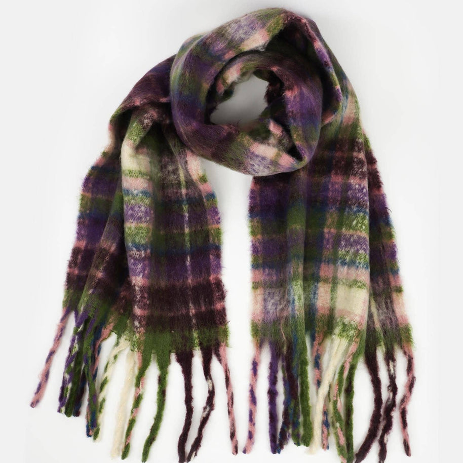 Colourful purple and green plaid fluffy scarf