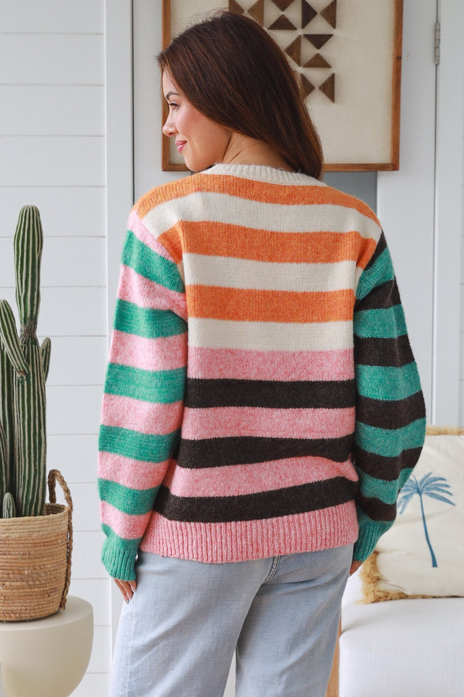 Colourful striped winter sweater in acrylic wool blend