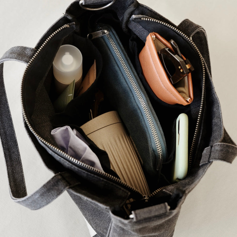 Compact six pocket washed black cotton canvas mini tote by Array Bags
