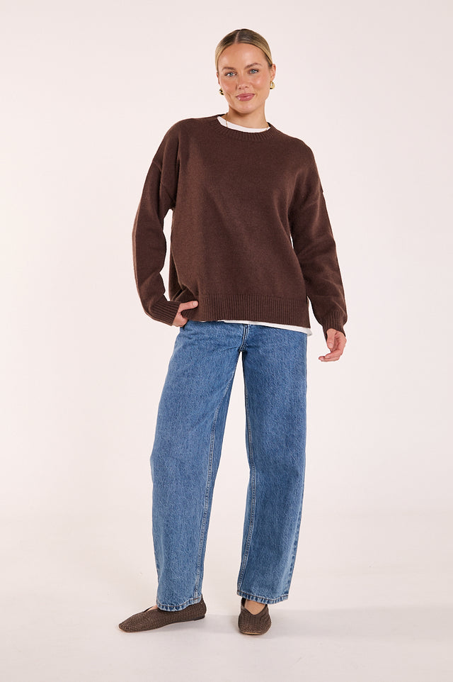 Cosy womens winter knit jumper in warm chocolate tone