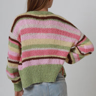 Cropped open front cardigan with pink, yellow and brown stripes