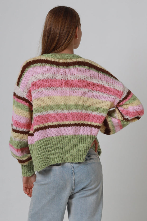 Cropped open front cardigan with pink, yellow and brown stripes