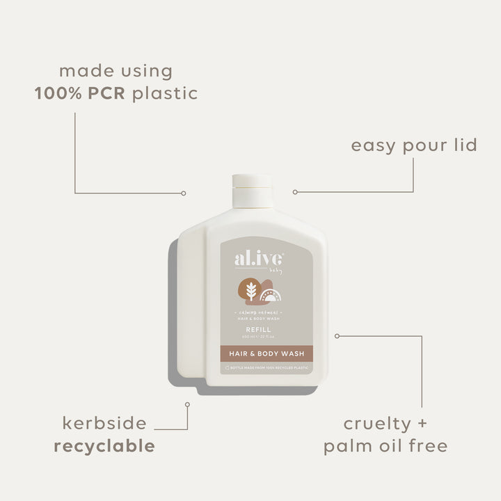 Eco-friendly 650ml baby wash refill made from PCR plastic