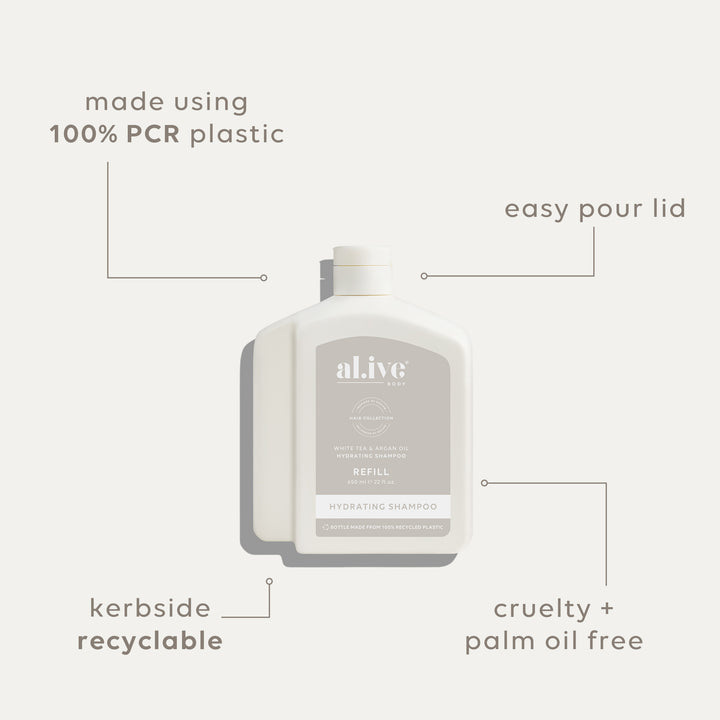 al.ive body nourishing shampoo refill with white tea and argan oil