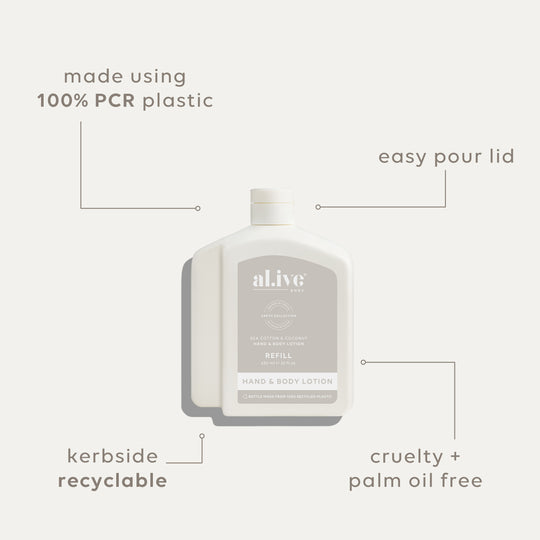 Australian-made vegan lotion refill in recyclable packaging