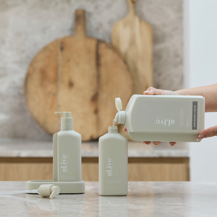 al.ive body sustainable kitchen refill for Lemon & Pomegranate dish wash