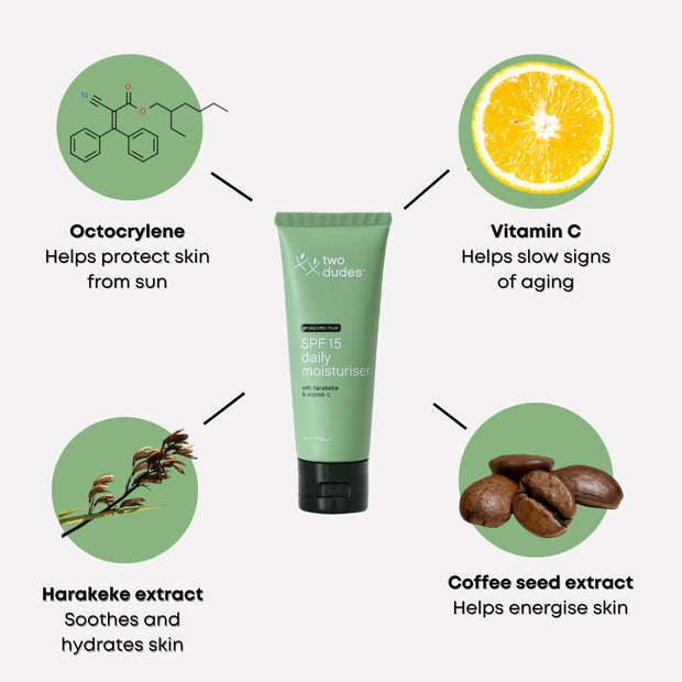 Men’s moisturiser with SPF15, harakeke, and vitamin C