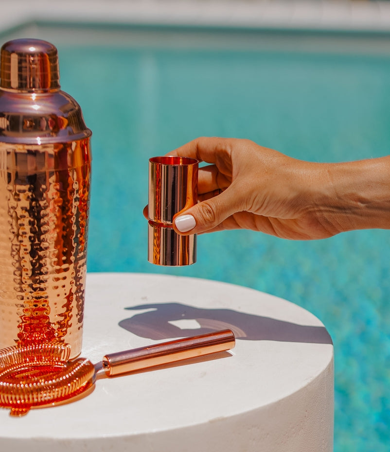 Double-sided copper jigger measuring 30ml and 50ml