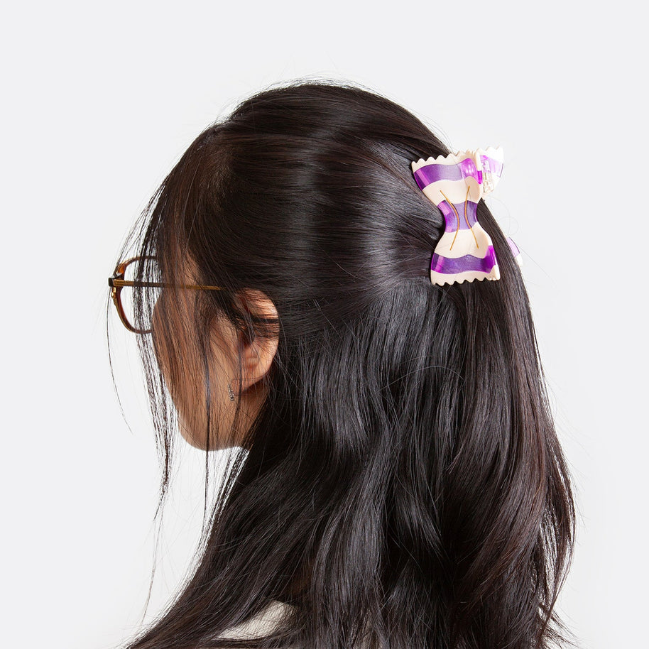 Purple bow-tie pasta inspired hair claw clip