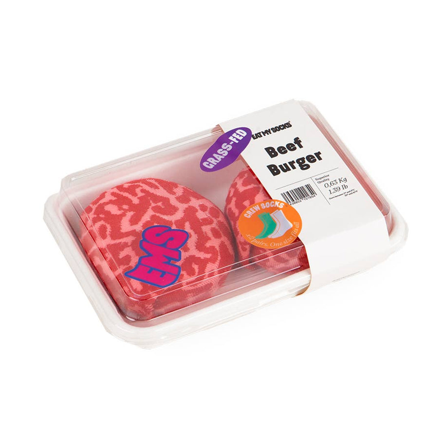 Eat My Socks Beef Burger crew socks 2 pairs in burger patty packaging