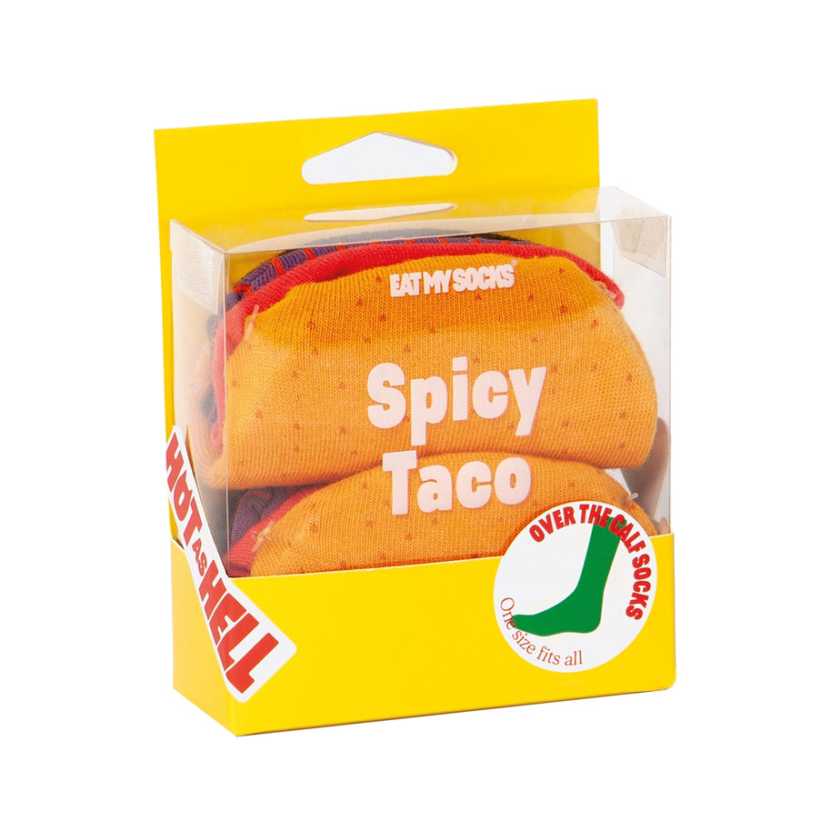 Eat My Socks Spicy Taco over the calf socks in taco shaped box
