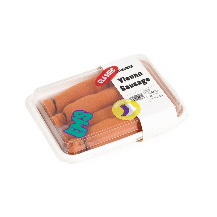 Eat My Socks Vienna Sausage crew socks 2 pairs in sausage tray packaging