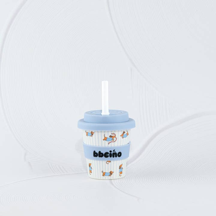 Eco-friendly bamboo kids cup with dachshund print on blue and white stripe background