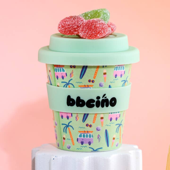Eco-friendly bamboo kids cup with surf and beach print in mint green