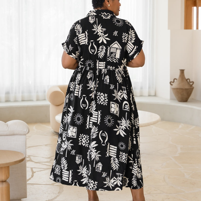 Flowy black and cream Margarita print rayon dress