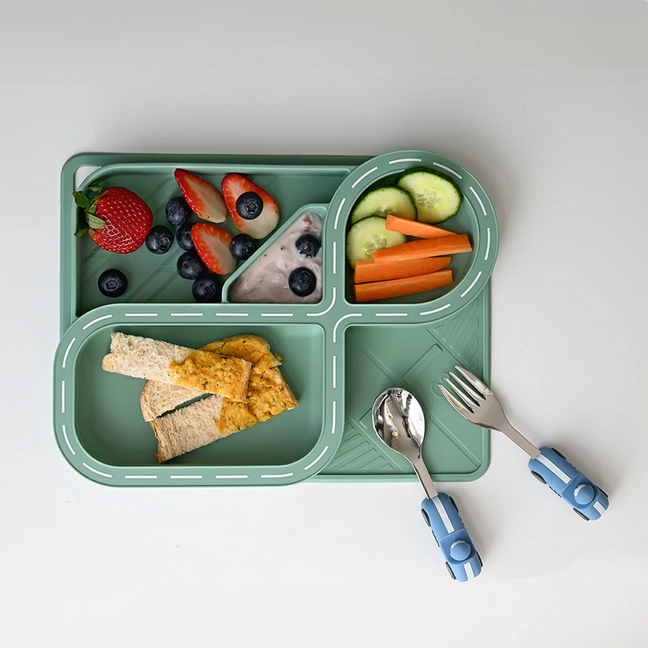 Sage green kids racetrack plate with car-shaped fork and spoon