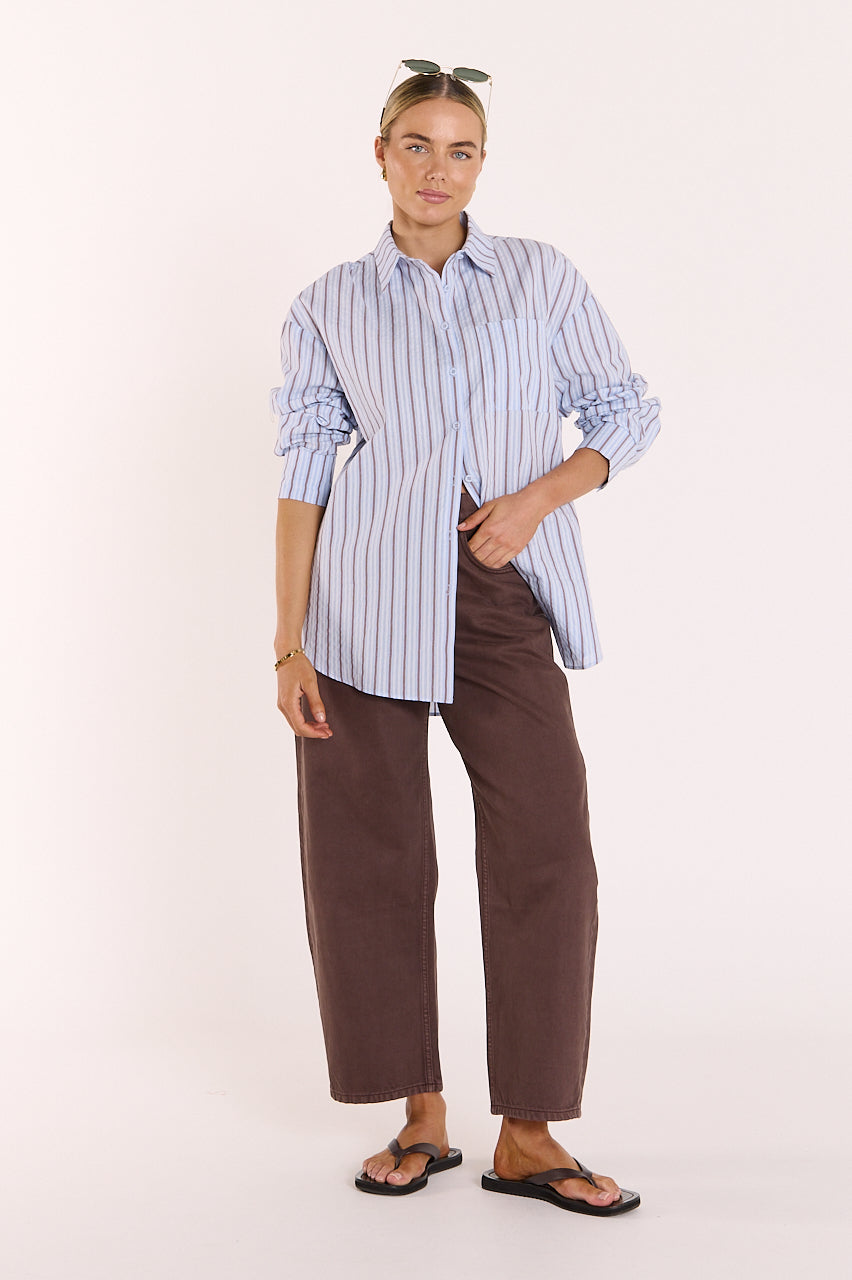 Feather & Noise blue and chocolate stripe shirt AU sizes 6-18