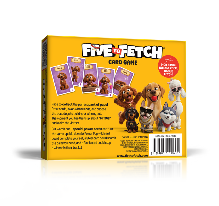 Back of the Five to Fetch card game box