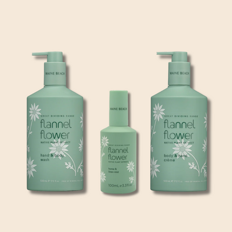 Maine Beach Flannel Flower Pamper Bundle, a best-selling vegan gift set perfect for Mother's Day. Body creme, body wash and linen mist in one beautiful set.