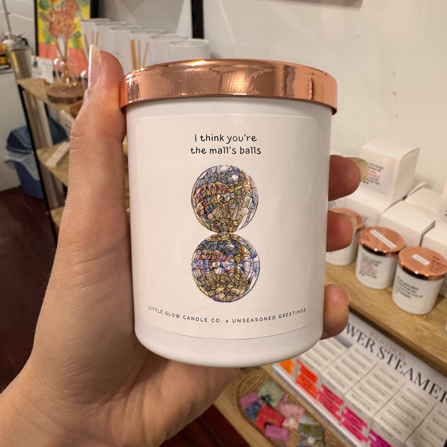 Funny Adelaide soy candle featuring Rundle Mall balls illustration hand poured in South Australia