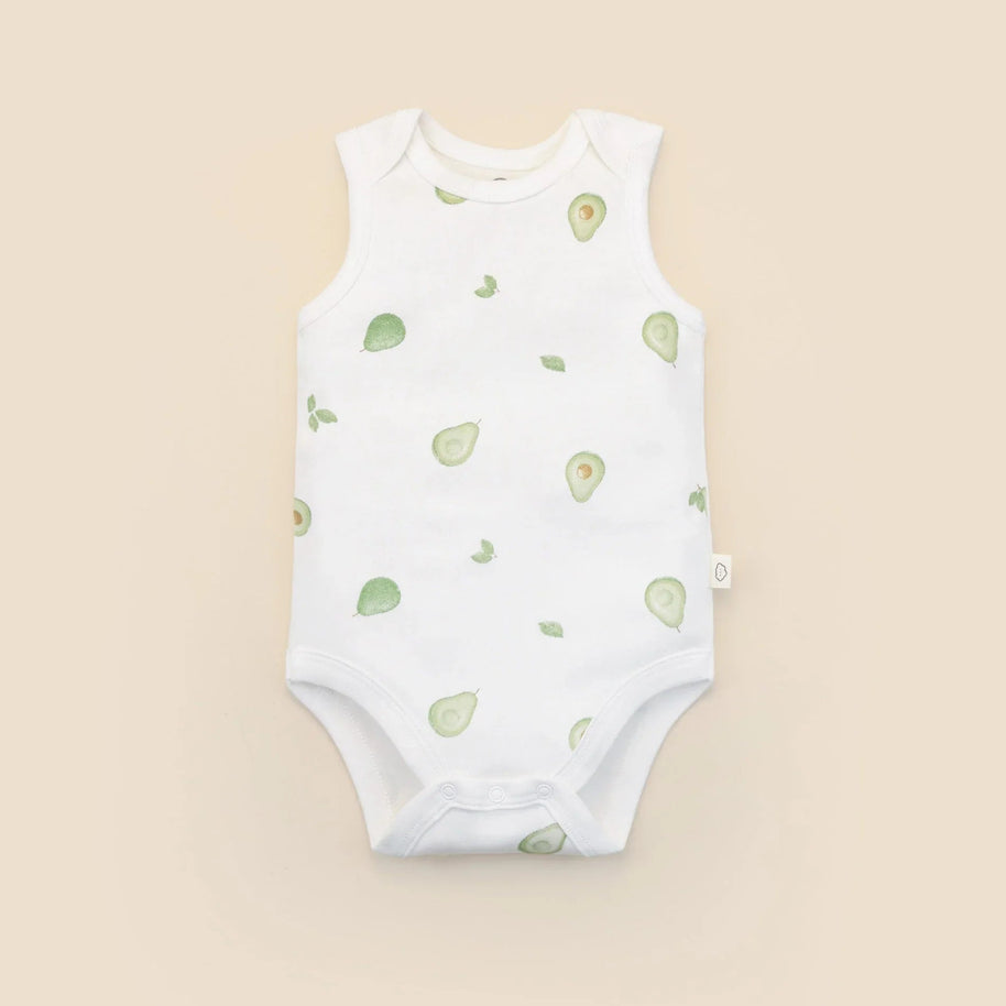 GOTS certified organic cotton baby singlet with avocado print
