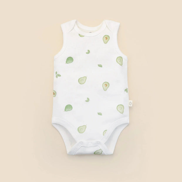 GOTS certified organic cotton baby singlet with avocado print
