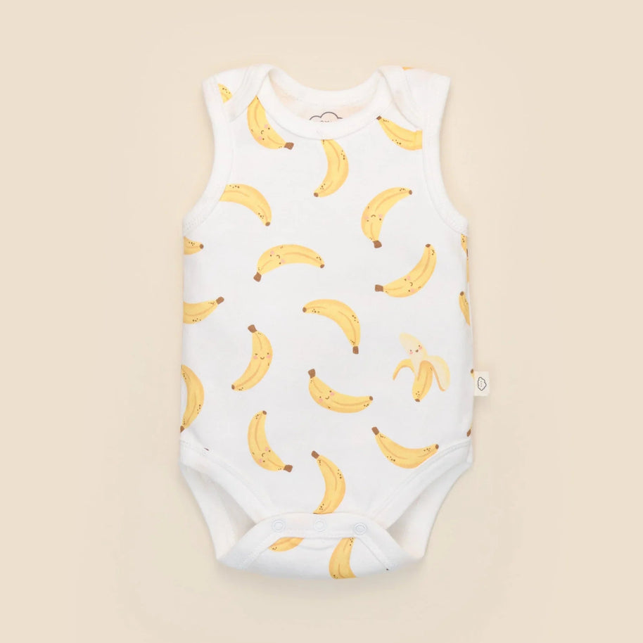 GOTS certified organic cotton baby singlet with banana print
