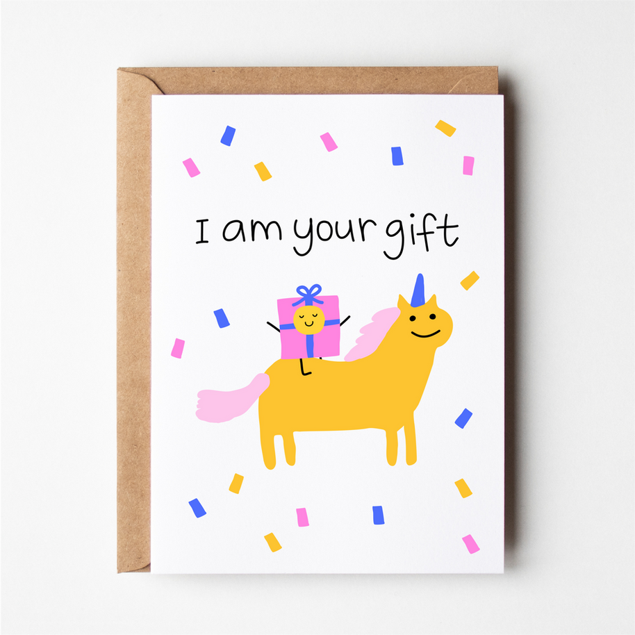Friends of Henry I Am Your Gift Greeting Card with unicorn and present design