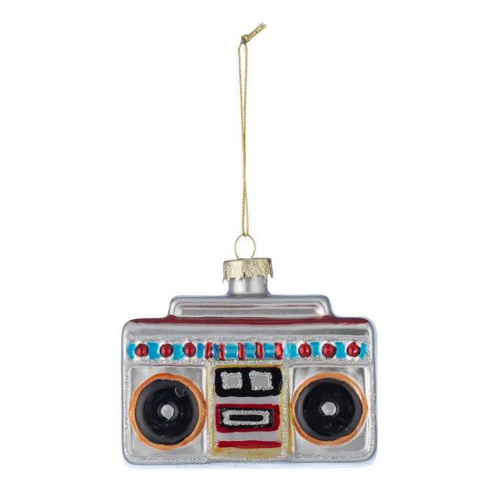 Glass boombox Christmas ornament with painted speakers