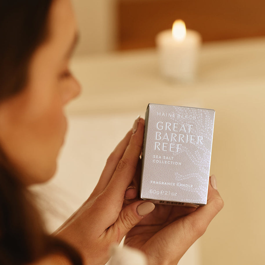 Great Barrier Reef Sea Salt candle styled on bathroom shelf