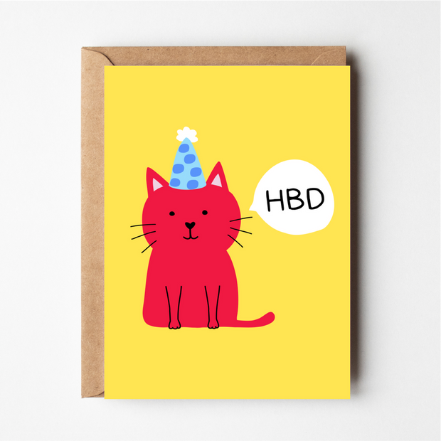 Friends of Henry HBD Cat Greeting Card with red party cat illustration