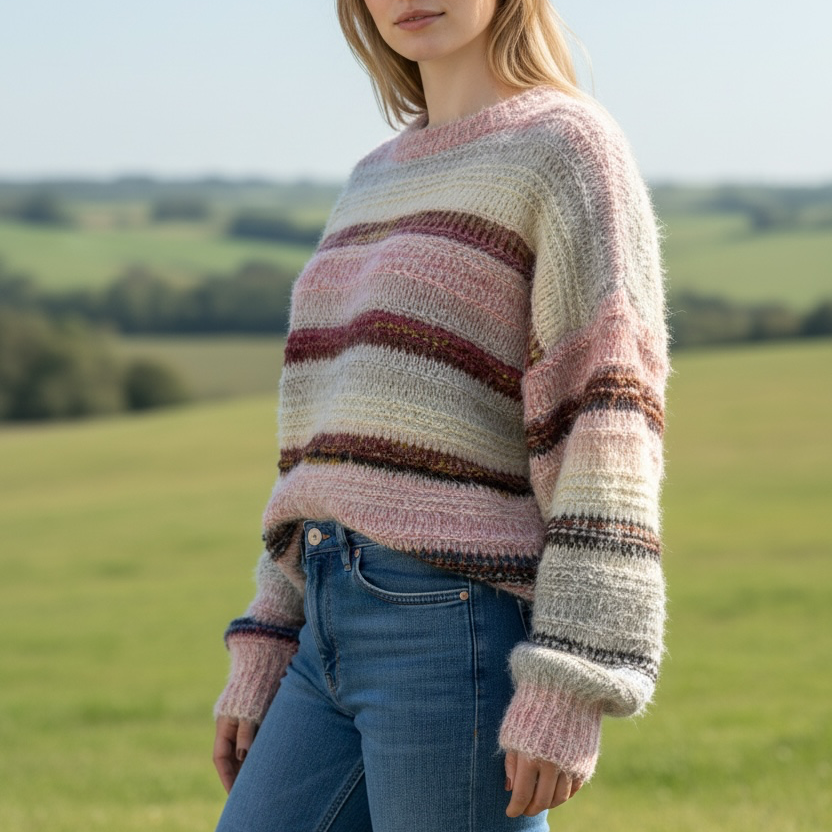 Oversized crew neck jumper in pink, cream and berry stripes
