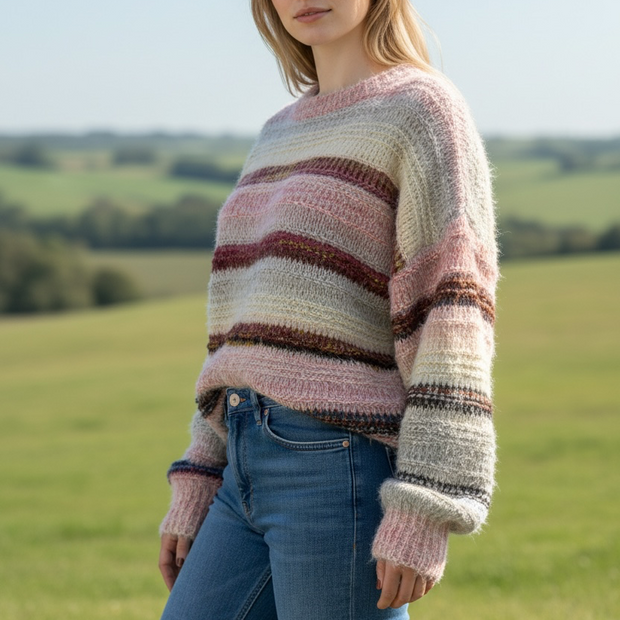Oversized crew neck jumper in pink, cream and berry stripes