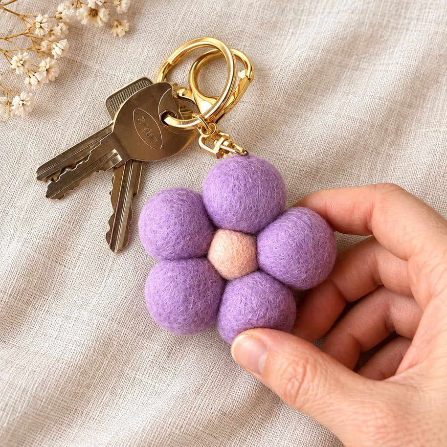 Hand-felted wool flower keychain with gold clip