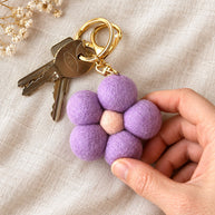 Hand-felted wool flower keychain with gold clip