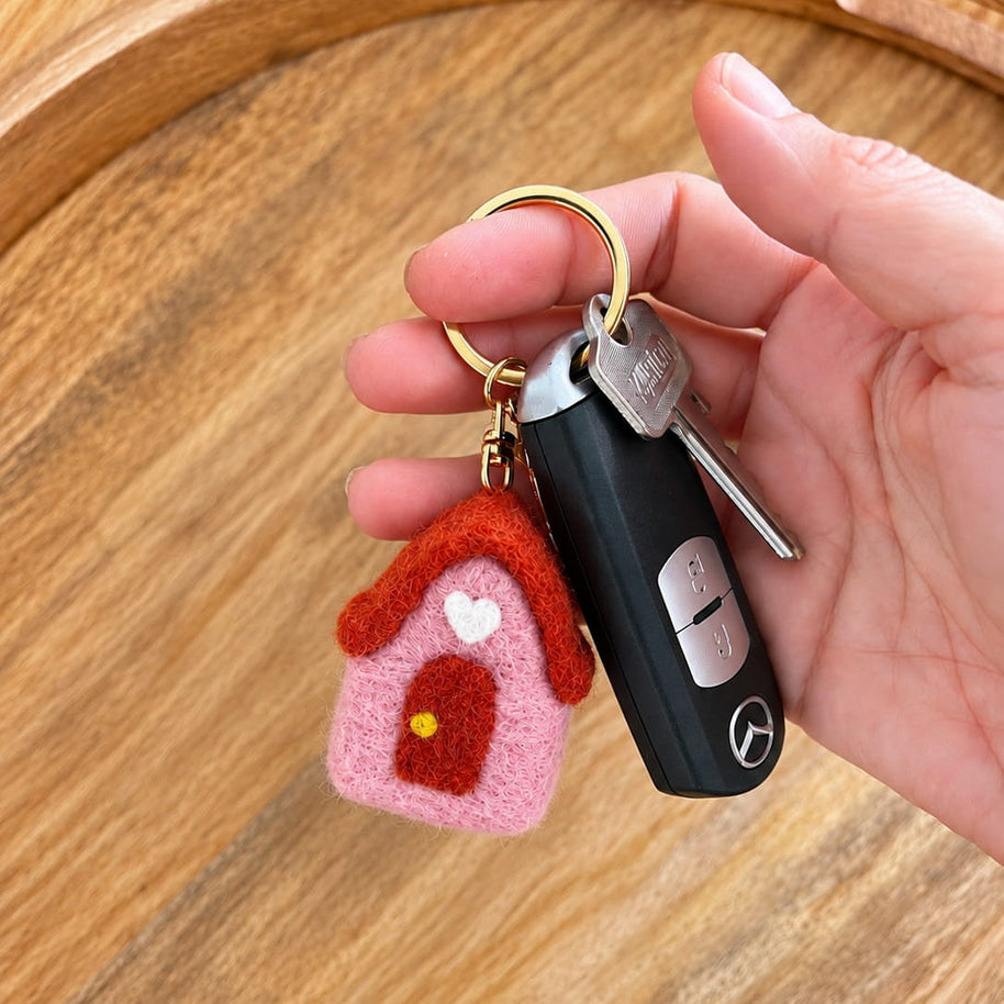 Hand-felted wool house keychain with gold clip