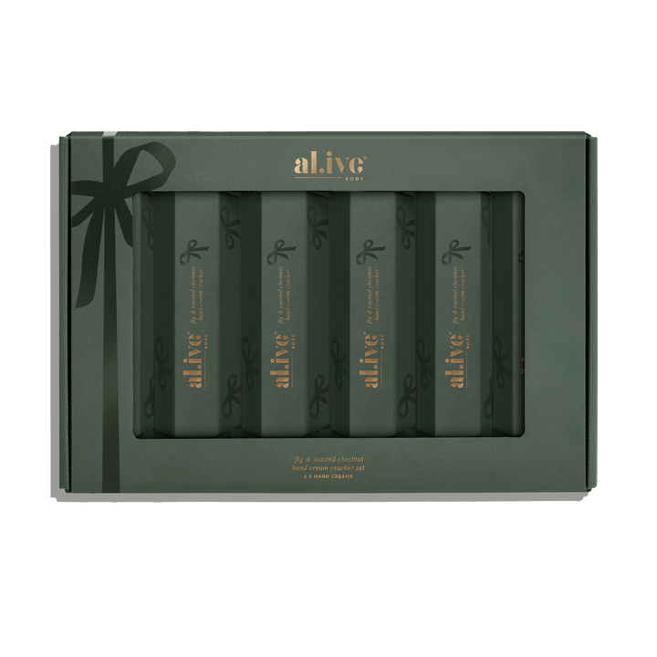 al.ive body Hand Cream Cracker Set Fig & Toasted Chestnut in Forest Green packaging