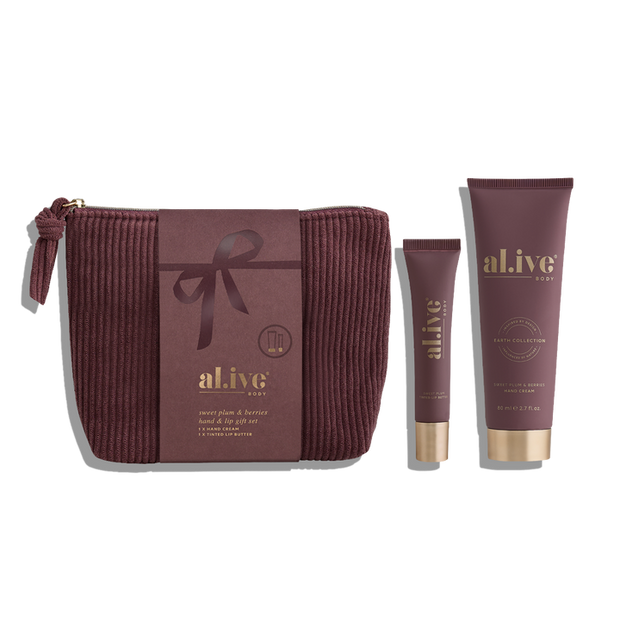 al.ive body Hand & Lip Gift Set Sweet Plum & Berries in Mulberry packaging